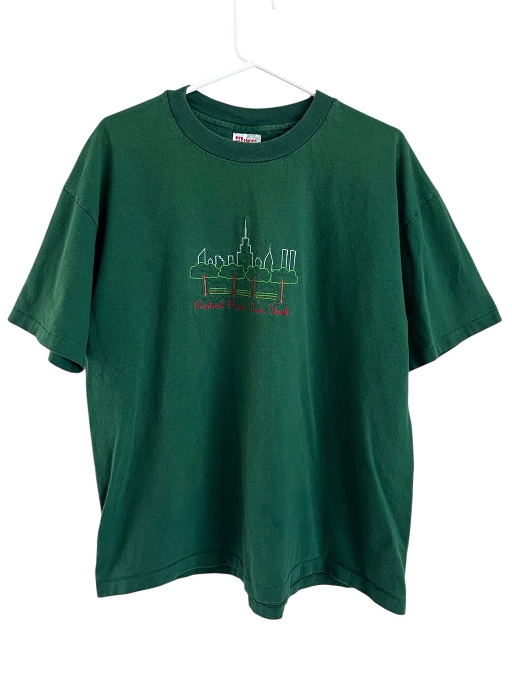 Vintage Central Park New York Graphic Tee T-Shirt Single Stitch Hanes Green XL